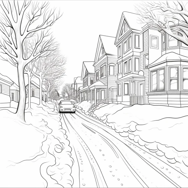Winter residential street with snow-covered houses and bare trees, realistic line art — free printable community life coloring book page