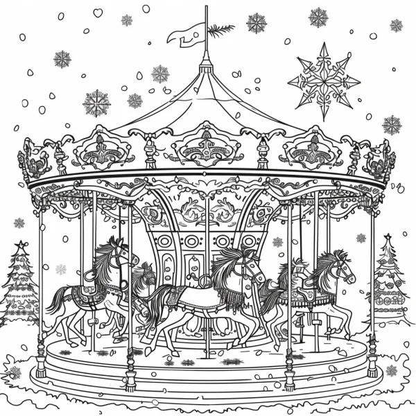 Winter christmas carousel with horses, cartoon style with european decorative patterns — free printable amusement park coloring book page