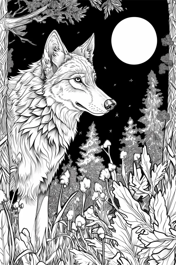 Wolf in forest under full moon, realistic illustration style — free printable night coloring book page
