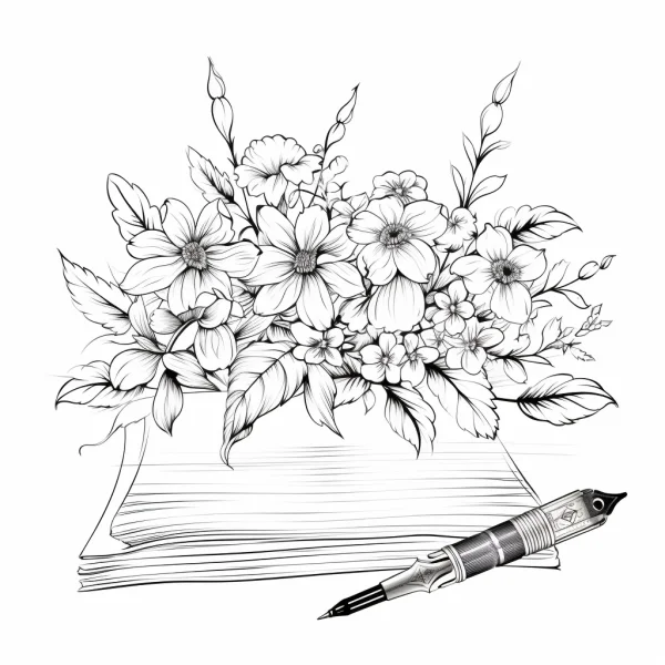 Flowers growing from an open book with a fountain pen, realistic sketch style — free printable writing coloring book page