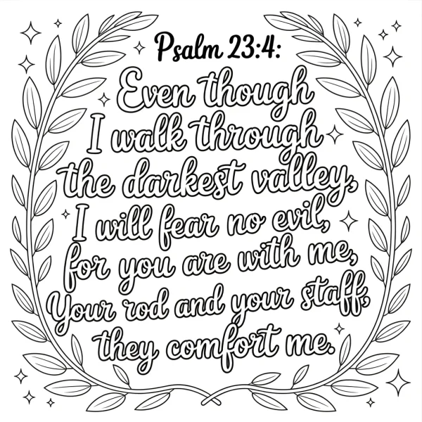 Decorative wreath with psalm 23:4 scripture, decorative art style — free printable spiritual comfort coloring book page