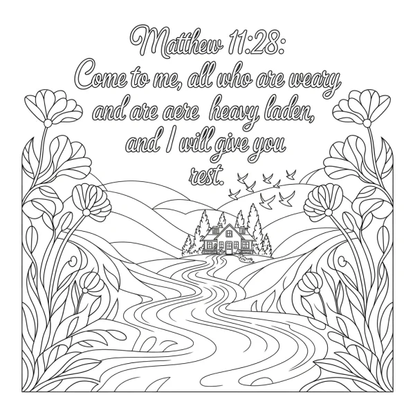 Rural landscape with a winding river, surrounded by flowers and rolling hills — free printable spiritual healing coloring book page