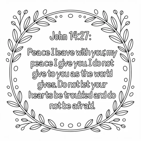 Coloring book page, decorative wreath with bible verse john 14:27 — free coloring book page