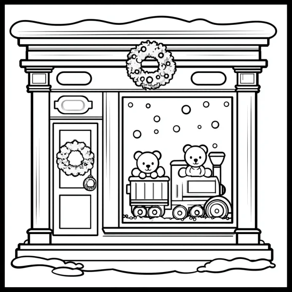 Christmas-decorated store window with teddy bear toy train, cartoon style — free printable toys coloring book page