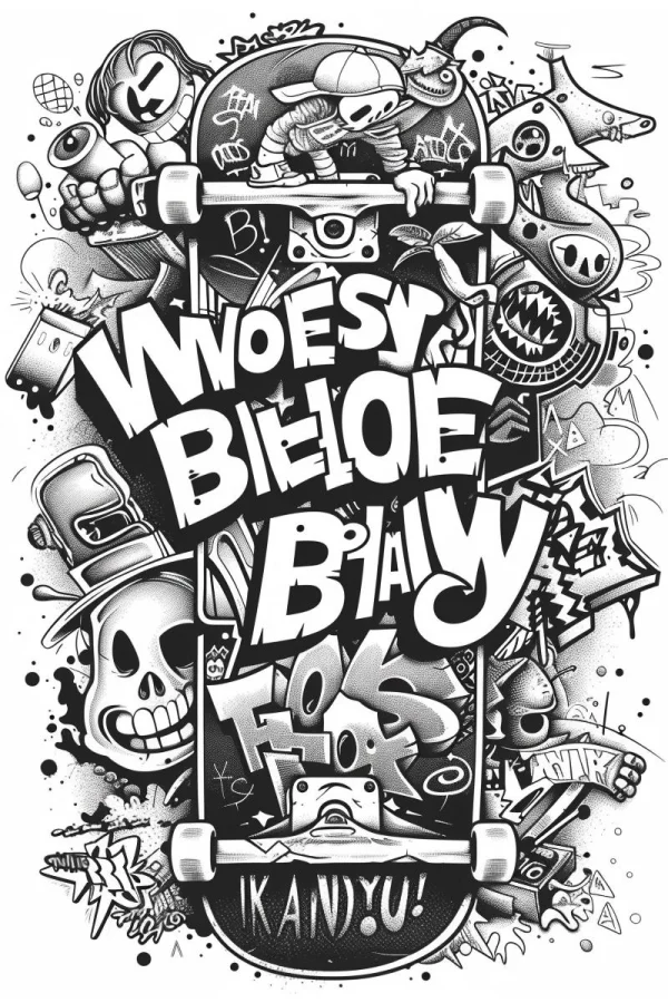 Coloring book page, graffiti style skateboard combined with skulls and cartoon characters — free printable hip hop coloring book page