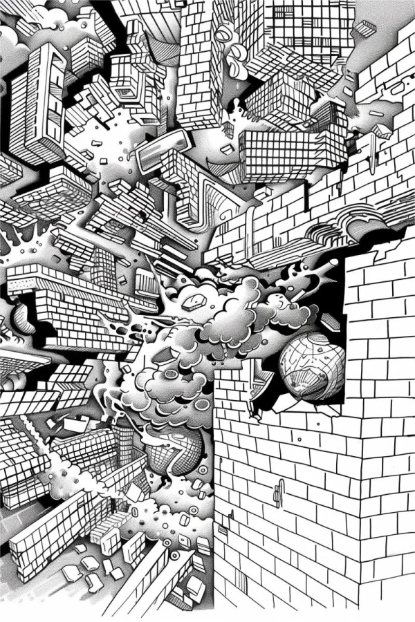 Distorted exploding city buildings, surreal abstract art style — free printable surreal coloring book page