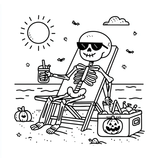 Cartoon skeleton wearing sunglasses relaxing on a beach lounge chair, holding a drink with straw — free printable beach holiday coloring book page