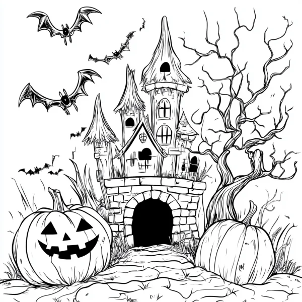 Halloween spooky castle with jack-o'-lanterns and bats, cartoon horror style — free coloring book page