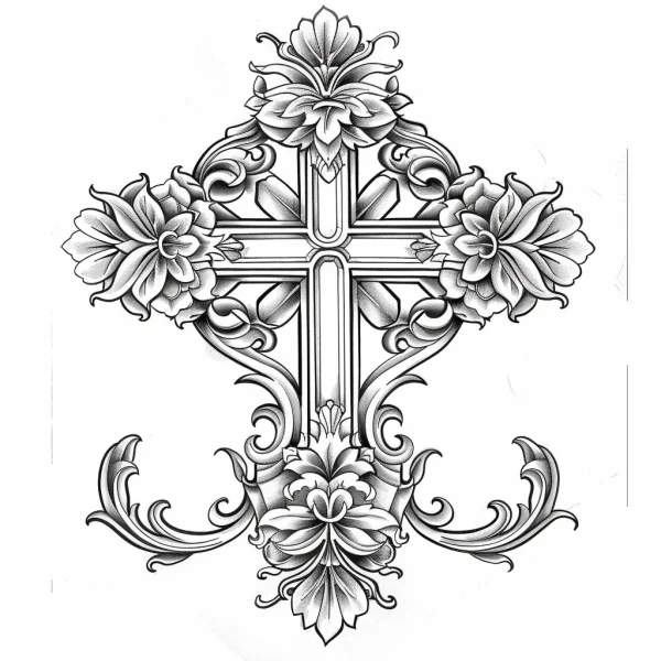 Decorative floral cross with baroque scroll patterns, vintage style — free printable religious culture coloring book page