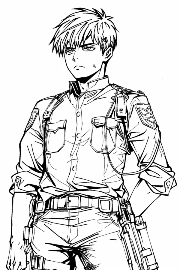 Japanese anime military male soldier in collared uniform with omni-directional mobility gear, shoulder patches — free printable military coloring book page