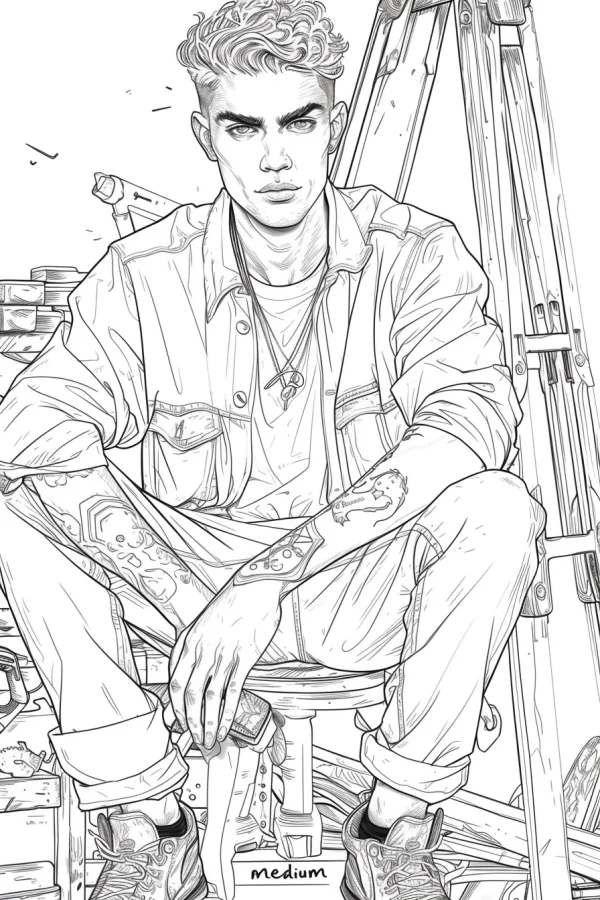 Tattooed male in workwear sitting on a chair, surrounded by construction tools — free printable career theme coloring book page