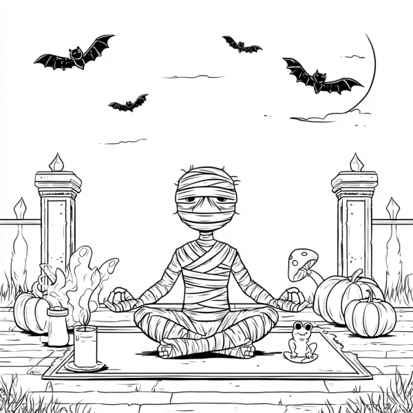 Coloring book page, cute mummy doing yoga in lotus pose — free printable yoga coloring book page