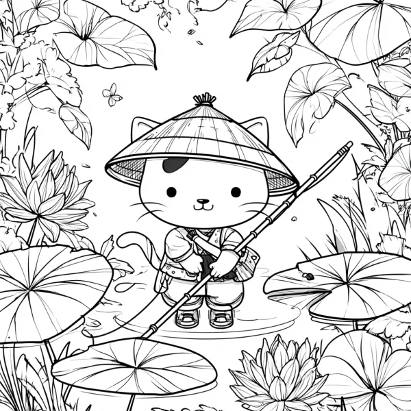 Anthropomorphic cat wearing conical hat fishing, cartoon style — free printable fishing coloring book page