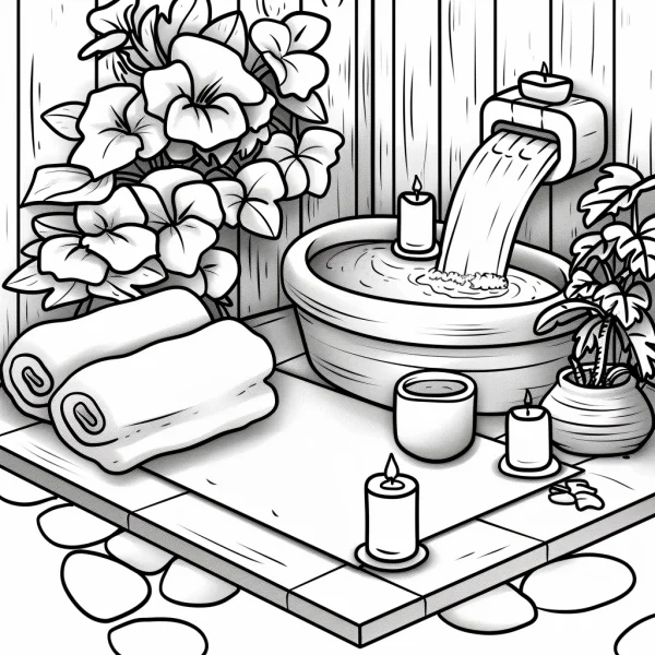 Spa relaxation scene with a flowing basin, rolled towels — free printable relaxation coloring book page