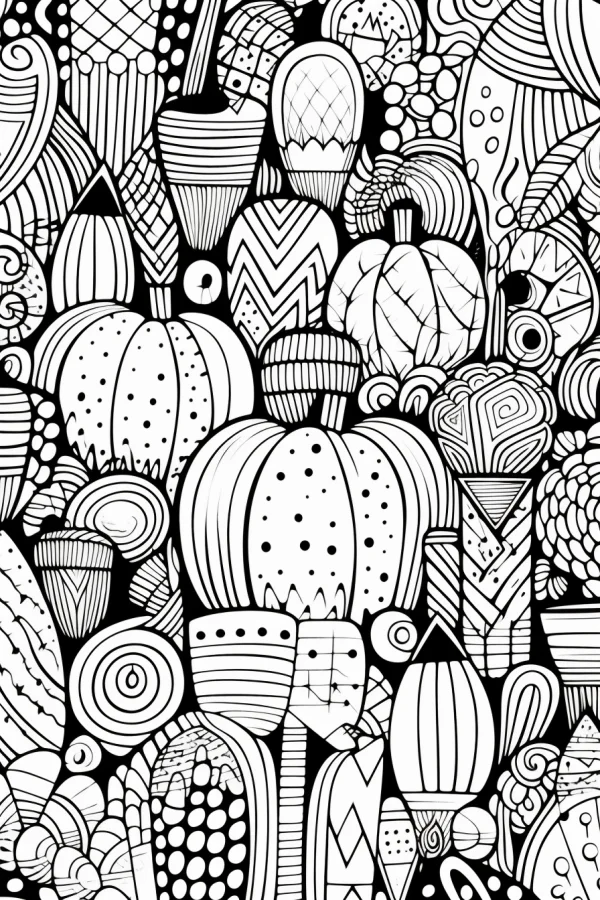 Zentangle-style pumpkin collection, intricate dense mixed geometric and organic patterns — free printable abstract creativity coloring book page