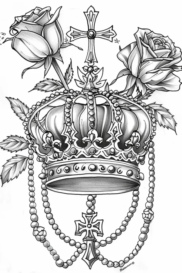 Vintage baroque crown with blooming and budding roses and ornate crosses, retro decorative style — free printable court coloring book page