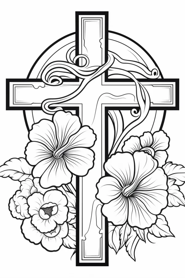 Cross wrapped with hibiscus flowers and vines, classic religious style — free printable religious culture coloring book page