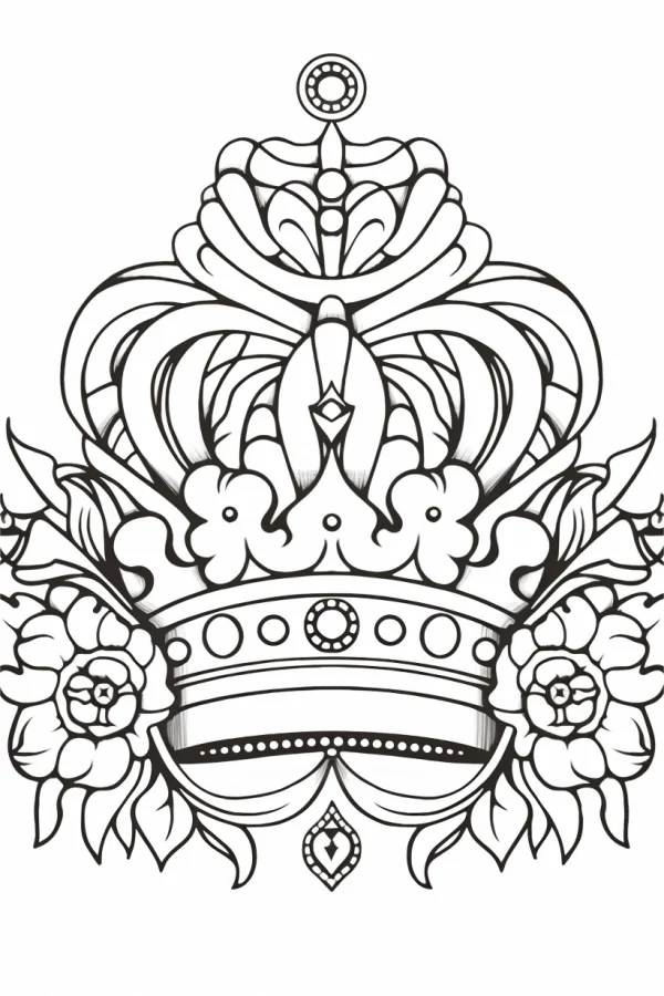 Vintage decorative crown with surrounding flowers and leaves, art deco style — free printable court coloring book page