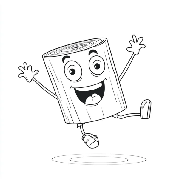 Anthropomorphic wooden log cartoon character with arms and legs, cartoon style — free printable personification coloring book page