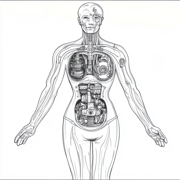 Half-human cyborg robot, sci-fi realistic style — free printable robot coloring book page