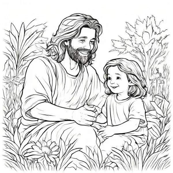 Jesus and a little child sitting in a grassy field with flowers and plants, fine clean fluid outlines — free printable parent-child coloring book page
