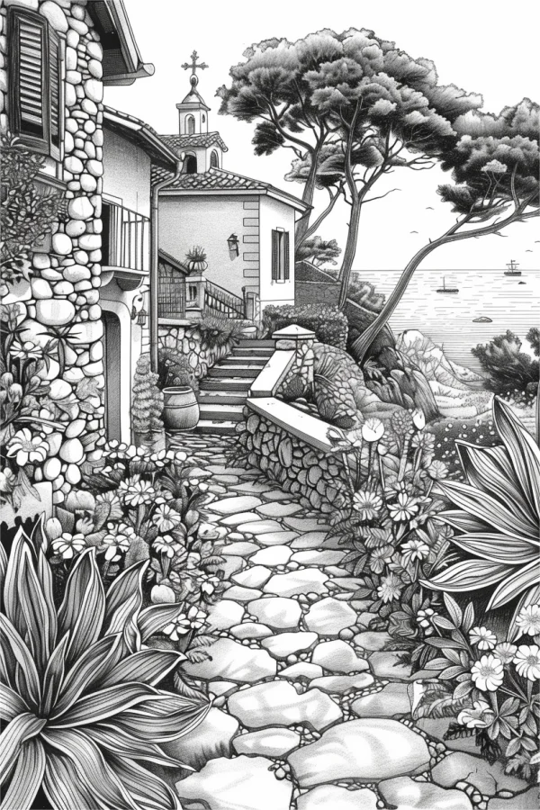 Coastal town courtyard with stone path, realistic illustration style — free printable beach town coloring book page