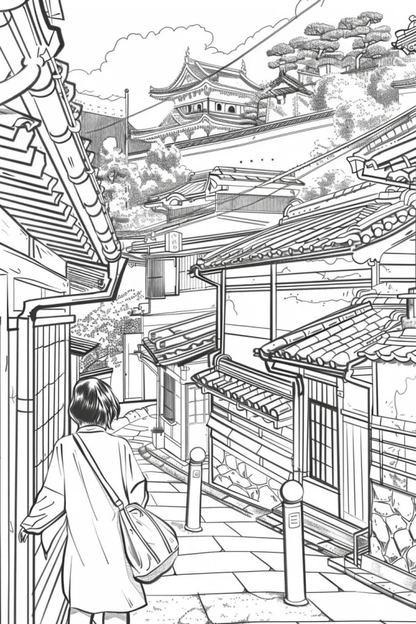 Back view of girl in traditional japanese alley, japanese style — free printable city streets coloring book page