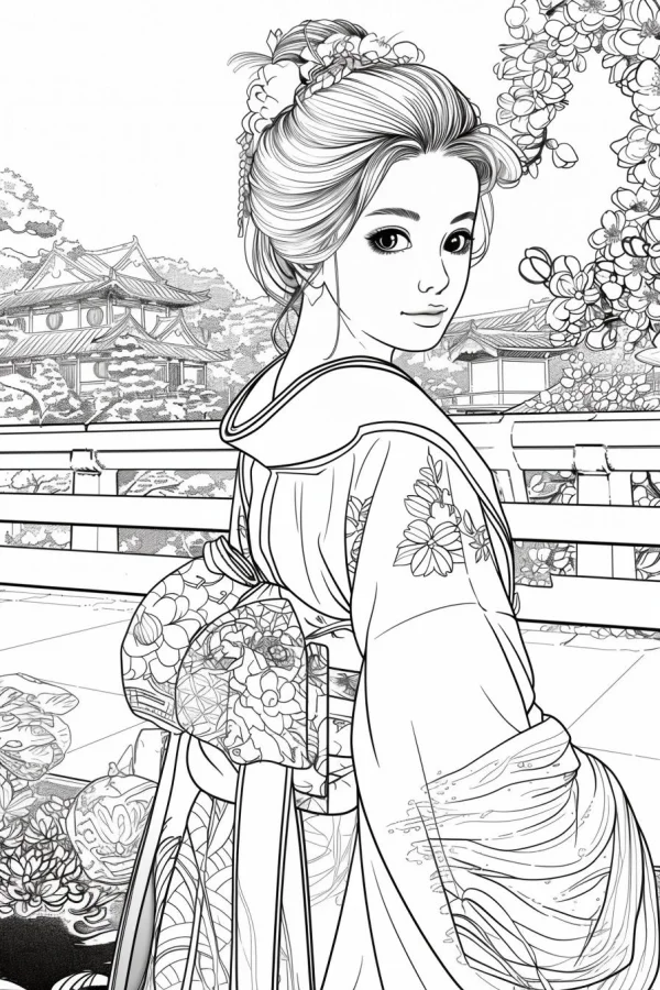 Japanese girl in traditional kimono, anime cartoon style — free printable traditional architecture coloring book page