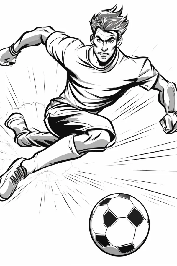 Running soccer player with soccer ball, cartoon style — free printable soccer coloring book page