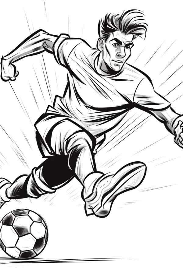 Cartoon football player in dynamic dribbling pose, cartoon style — free printable soccer coloring book page