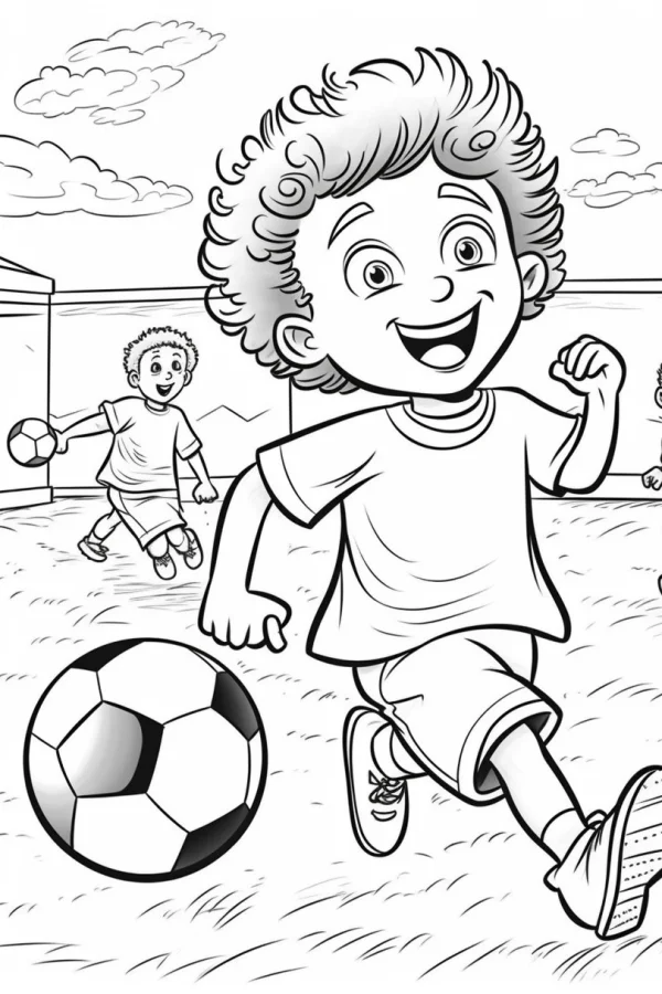 Curly-haired boy playing football, cartoon style — free printable children's life coloring book page