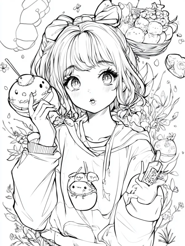 Cute cartoon girl with bow hair accessories, holding a cartoon drink — free printable cartoon characters coloring book page