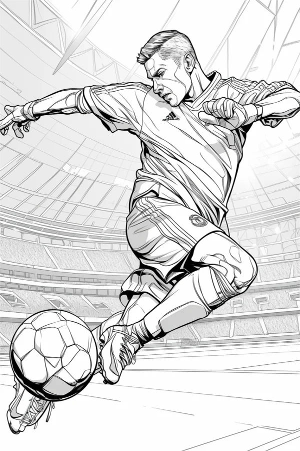 Male soccer player kicking a football, realistic illustration style — free printable soccer coloring book page