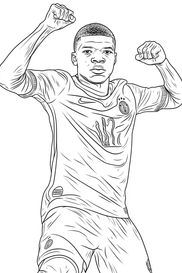 Kylian mbappe, football player in celebration pose with raised fists — free printable soccer coloring book page