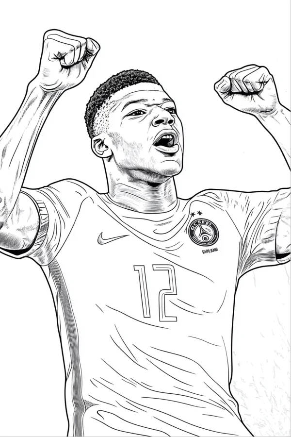 Celebrating football player, realistic sketch style — free printable soccer coloring book page