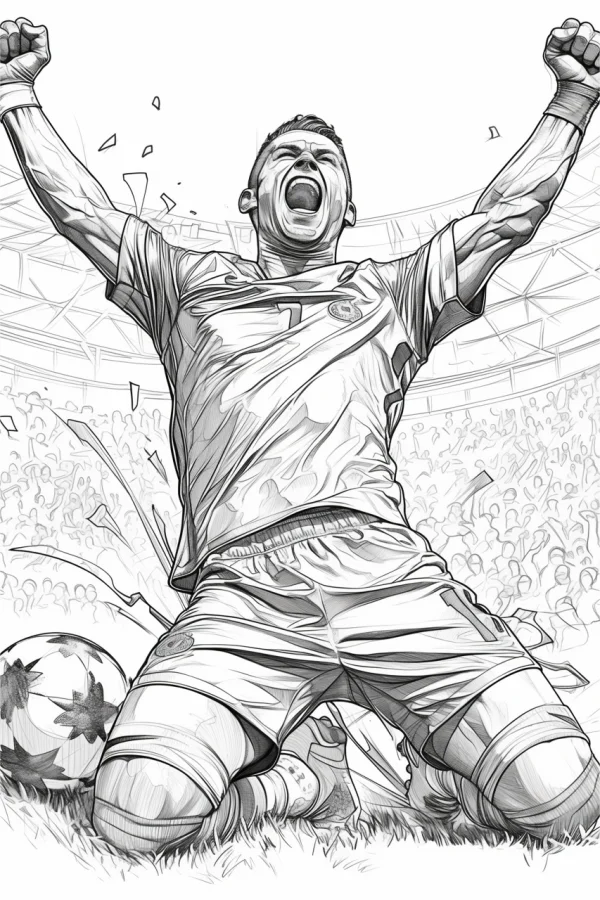 Kneeling soccer player celebrating with raised fists, realistic style — free printable soccer coloring book page