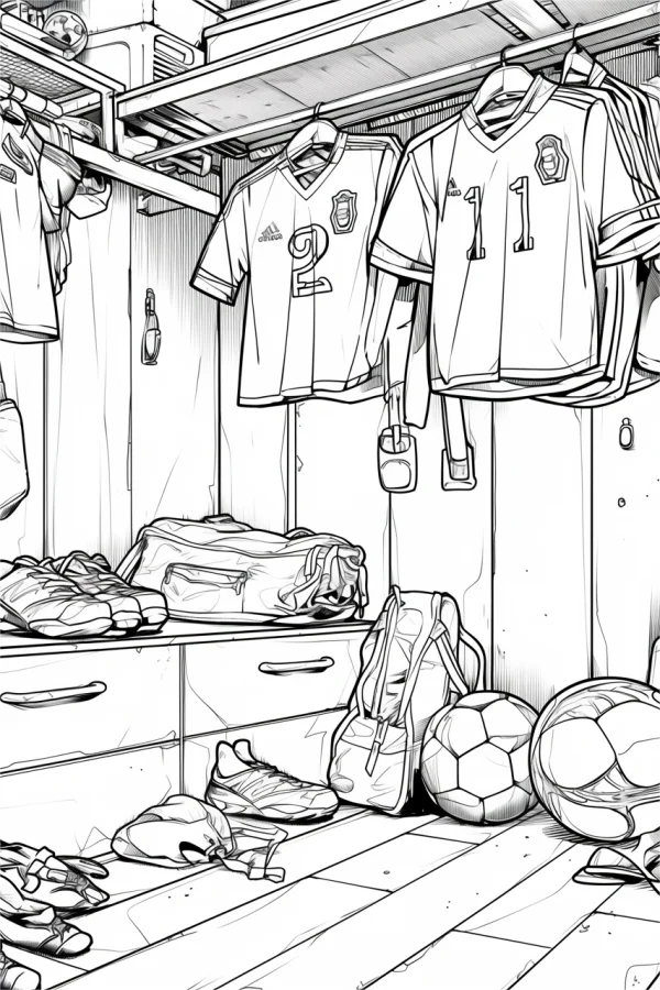 Football locker room scene with 2# and 11# jerseys, soccer balls — free printable daily scene coloring book page