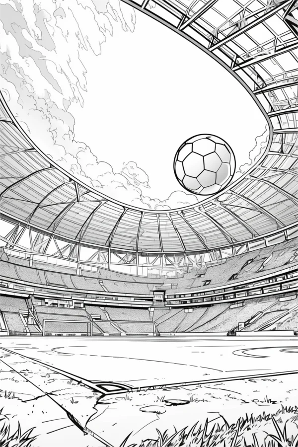 Soccer stadium with floating soccer ball, realistic line art style — free printable soccer coloring book page