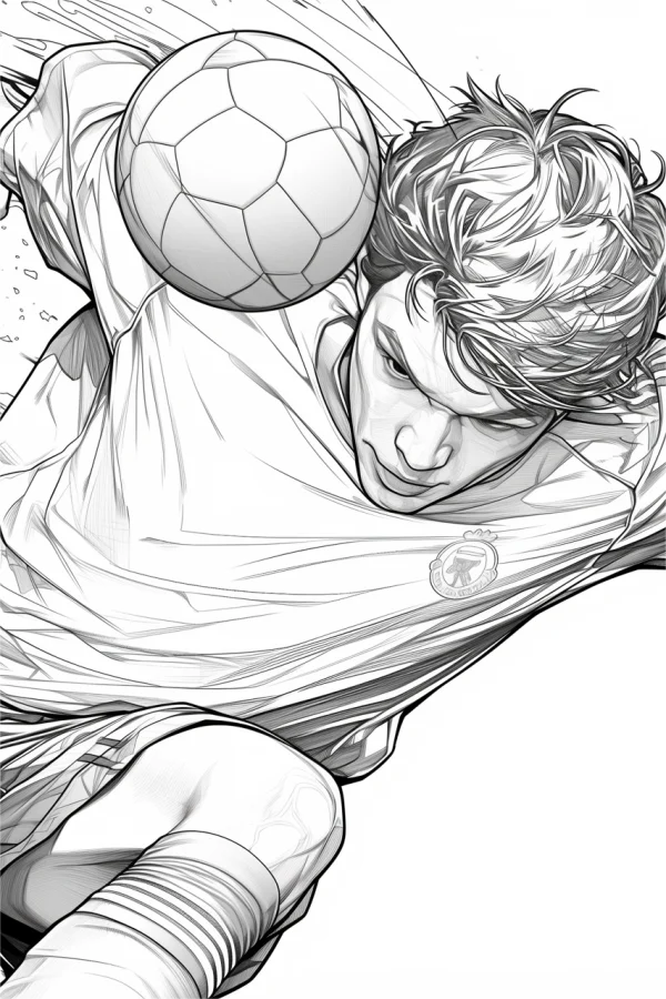 Soccer player heading the soccer ball, comic style — free printable soccer coloring book page