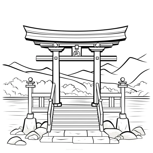 Japanese torii gate, japanese style — free printable traditional architecture coloring book page