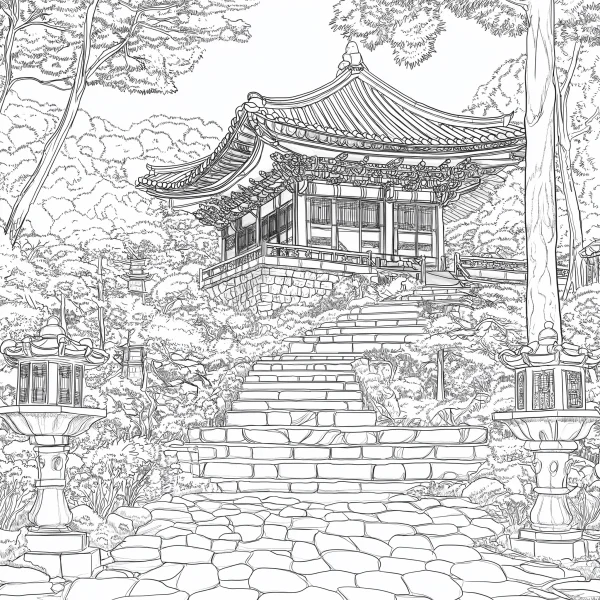 Traditional japanese garden pavilion, japanese style — free printable gardens coloring book page