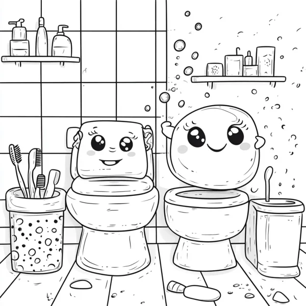 Cute anthropomorphic toilet and toilet lid with facial expressions in bathroom scene, cartoon style — free printable personification coloring book page