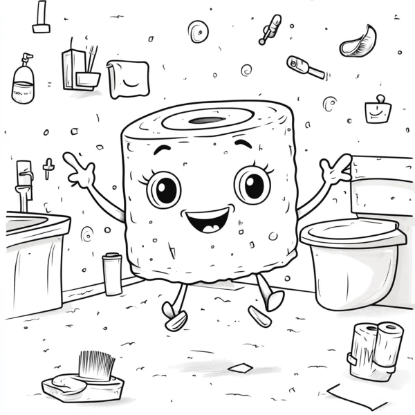 Anthropomorphic toilet paper roll with arms and legs, cartoon style — free printable personification coloring book page
