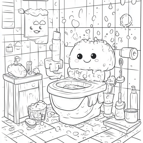 Cute anthropomorphic cartoon toilet in bathroom scene, surrounded by anthropomorphic bathroom items like soap dispenser and tissue box — free printable personification coloring book page
