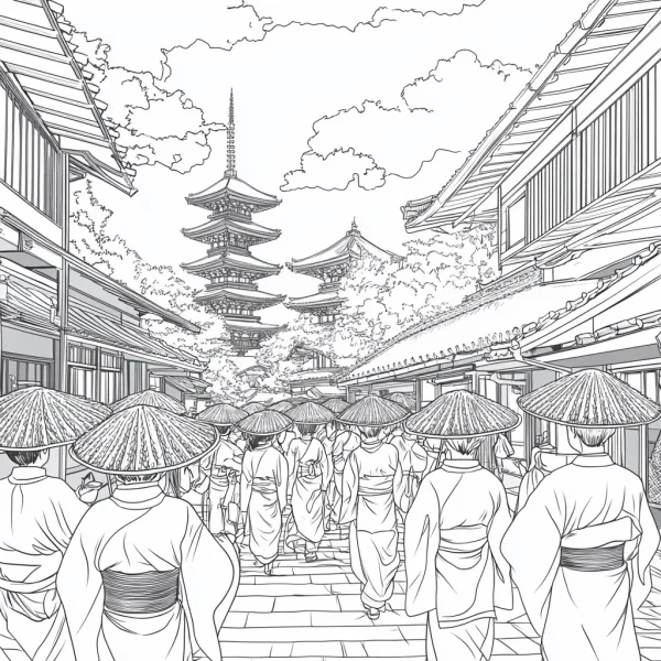 Japanese ancient street with people in kimono wearing bamboo hats, japanese style — free printable traditional culture coloring book page