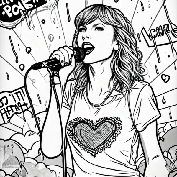 Female singer holding microphone singing, cartoon comic graffiti style — free printable performance coloring book page