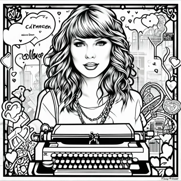 Coloring book page, portrait of taylor swift with a vintage typewriter — free printable pop culture coloring book page