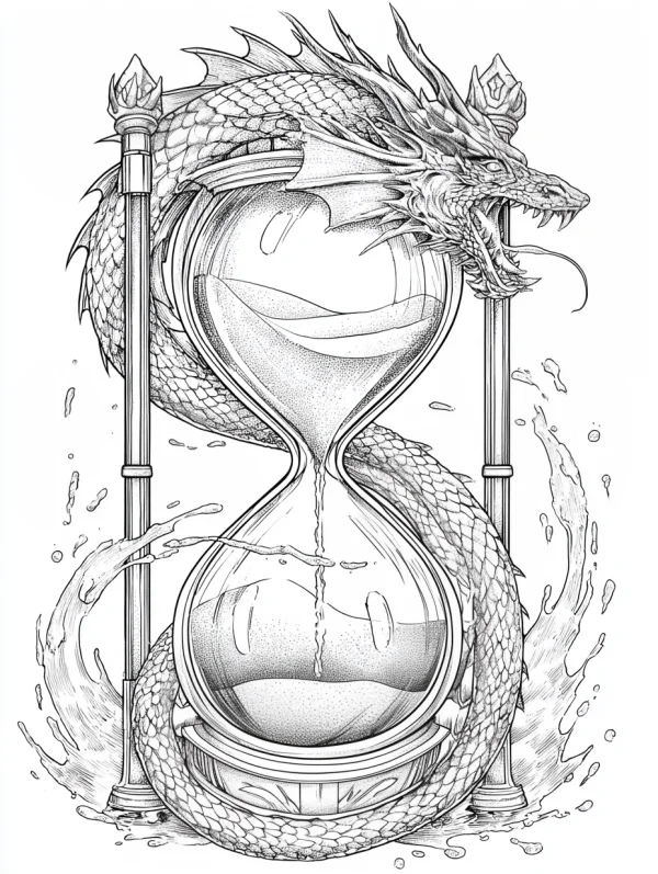 Dragon wrapped around an hourglass, fantasy style — free printable time coloring book page
