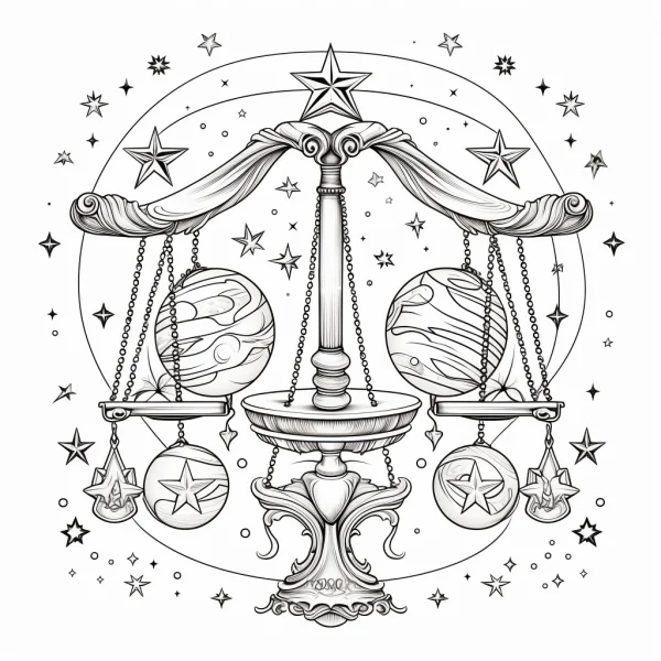 Ornamental libra scale with planets, fantasy vintage style — free printable constellations coloring book page