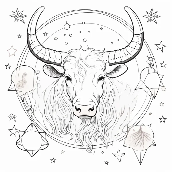 Taurus bull head, fantasy style — free printable constellations coloring book page